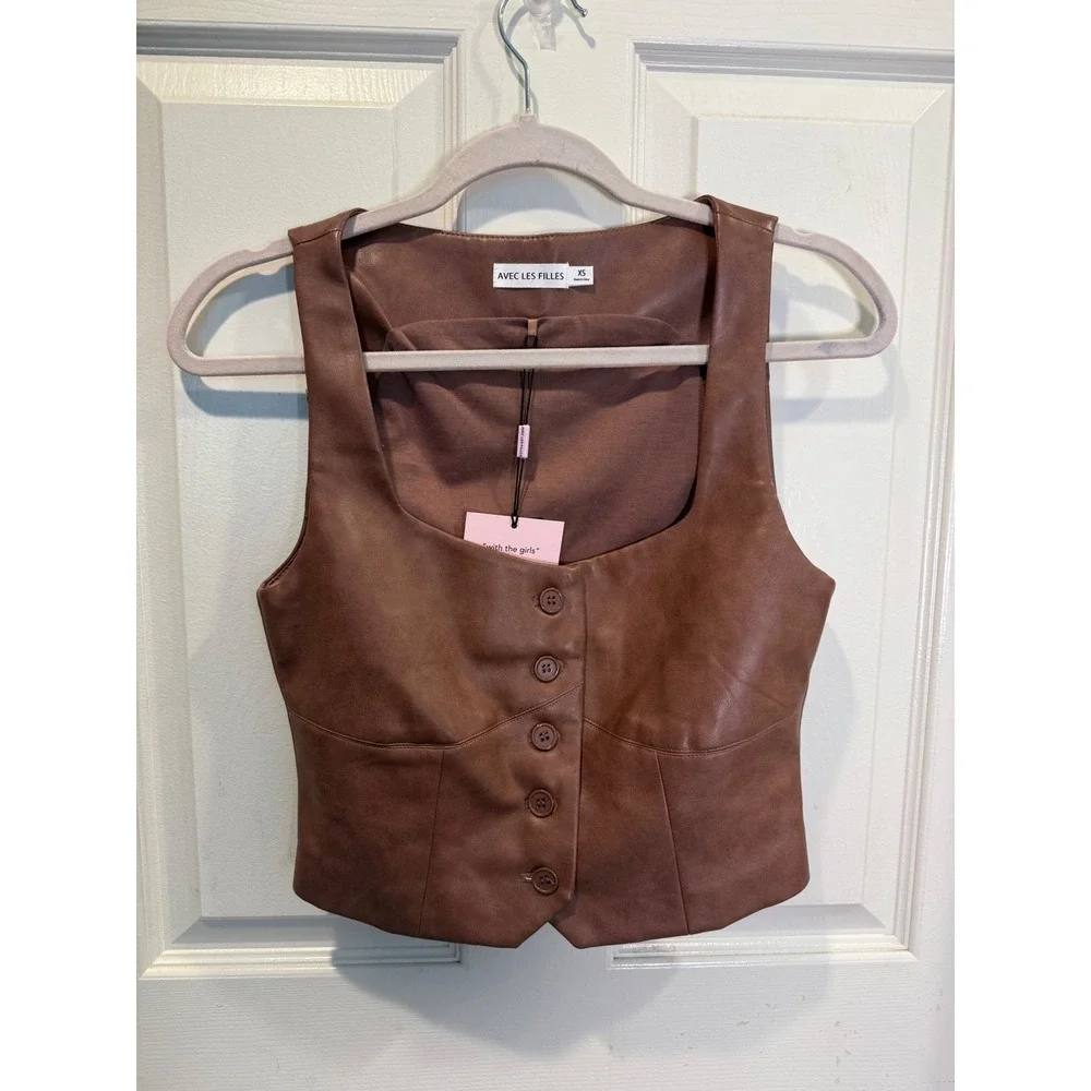 Avec Les Filles Brown Faux Leather Square Neck Button Front Cropped Vest Size XS